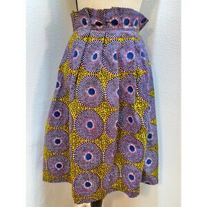 Anthropologie Pleated Skirt Ankara Print Paperbag Waist Yellow Blue L